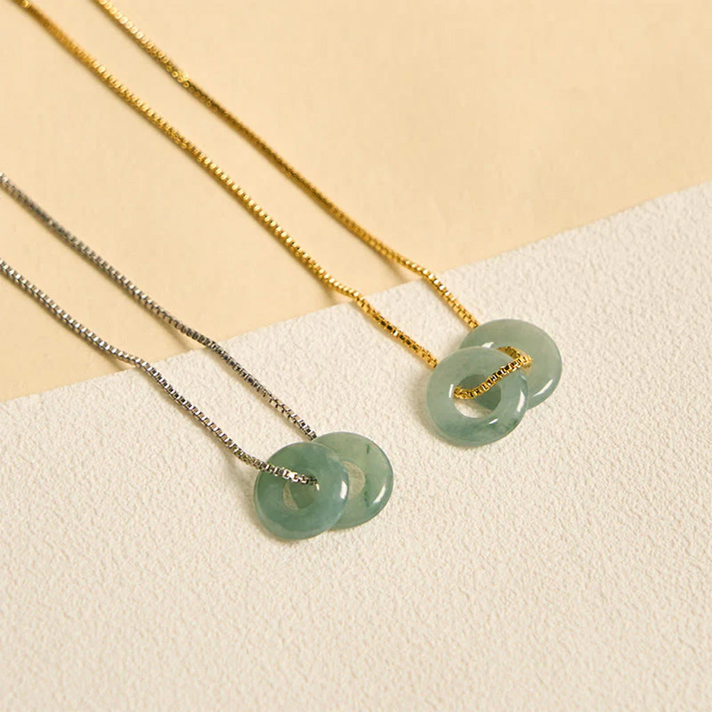 Double Jade Peace Buckle Necklace with Gold-Tone or Silver-Tone Chain