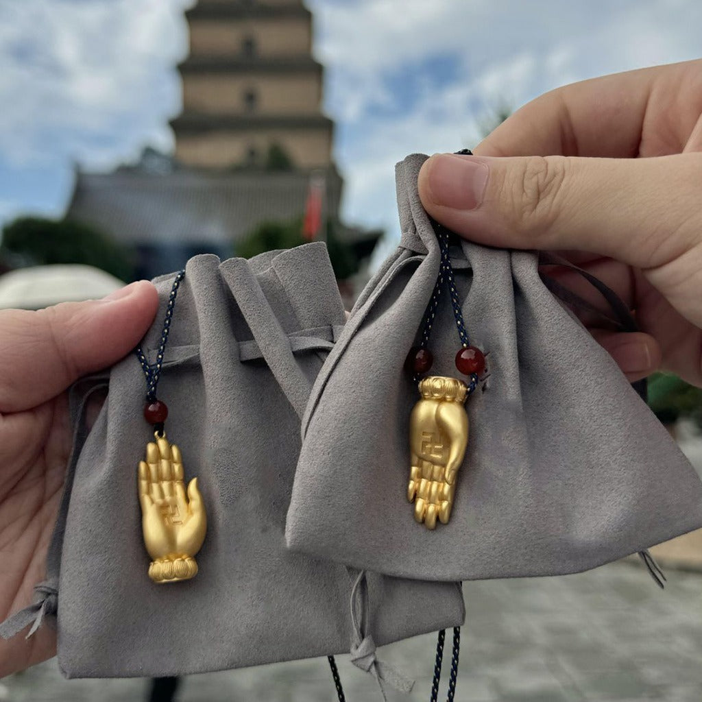 Handcrafted Blue Cord Buddha Palm Necklace – Vow Gesture for Compassion & Fearless Gesture for Courage | Zen Ara Grove