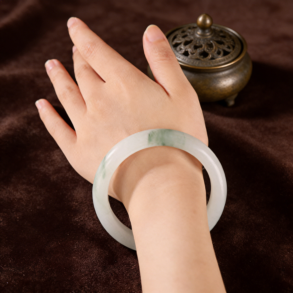 Misty Mountain Jade Bangle – Whisper of Serenity and Harmony in White & Green | Zen Ara Grove