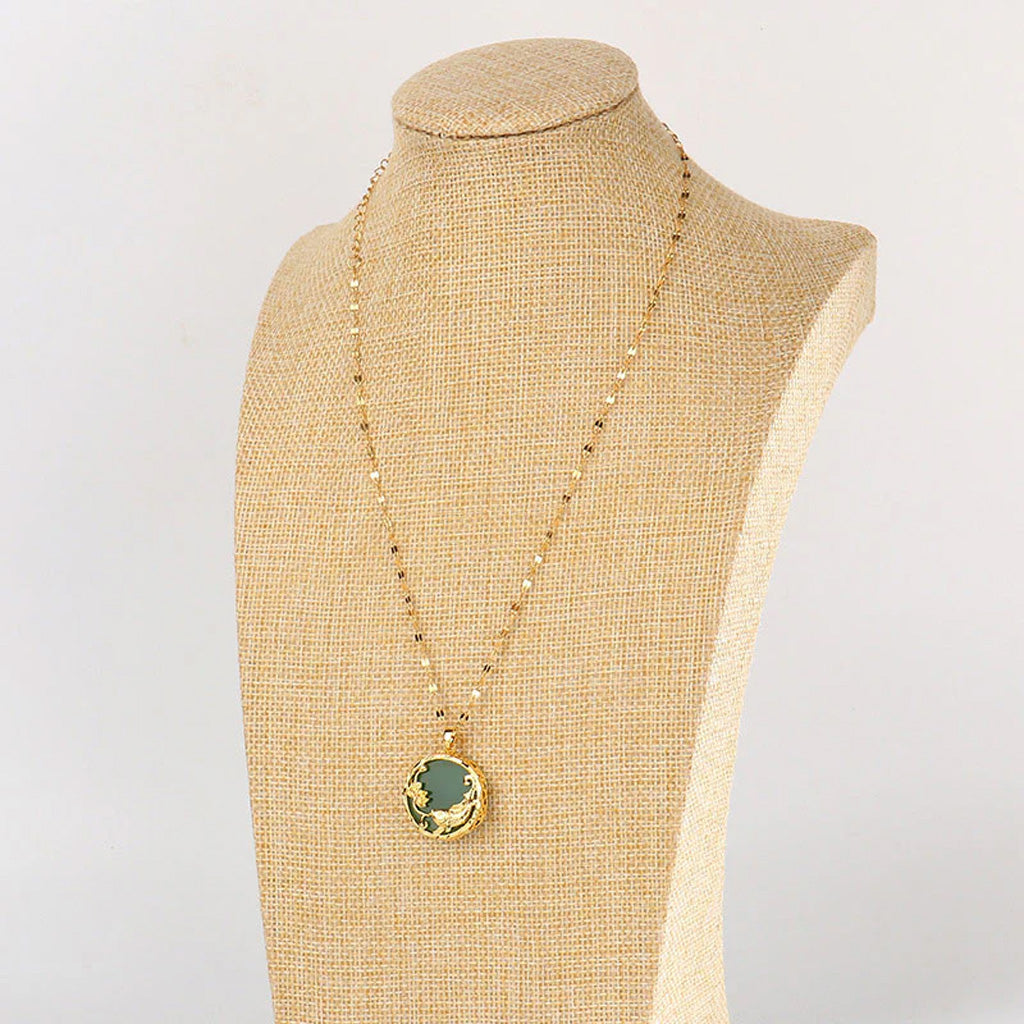 Jade Koi and Lotus Medallion Necklace with Gold-Tone Openwork Frame — Luck & Renewal