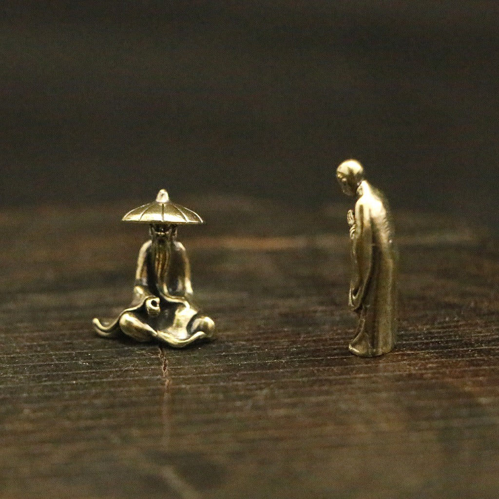 Mini Brass Figurine Set – Saluting Buddha, Luoyang Bridge Scene, Little Monk & Fishing Old Man | Zen Ara Grove