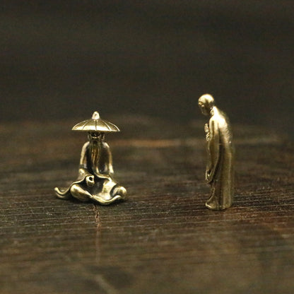 Mini Brass Figurine Set – Saluting Buddha, Luoyang Bridge Scene, Little Monk & Fishing Old Man | Zen Ara Grove