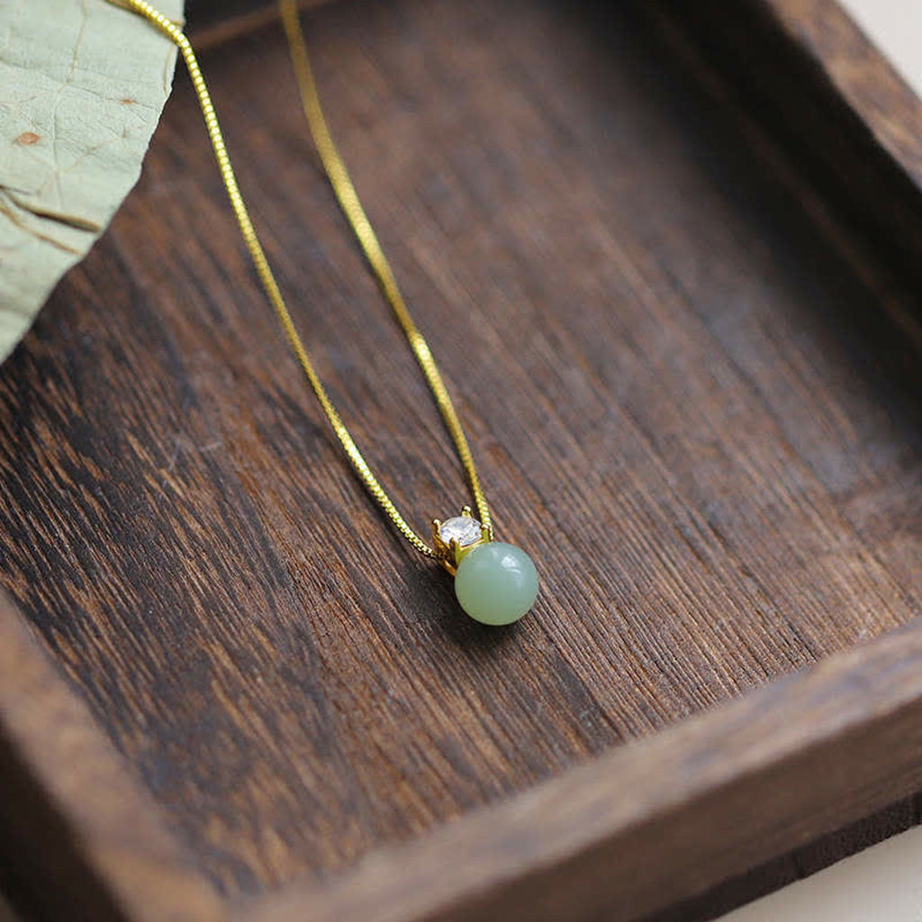 Round Green Jade Bead Necklace with Delicate Sparkle