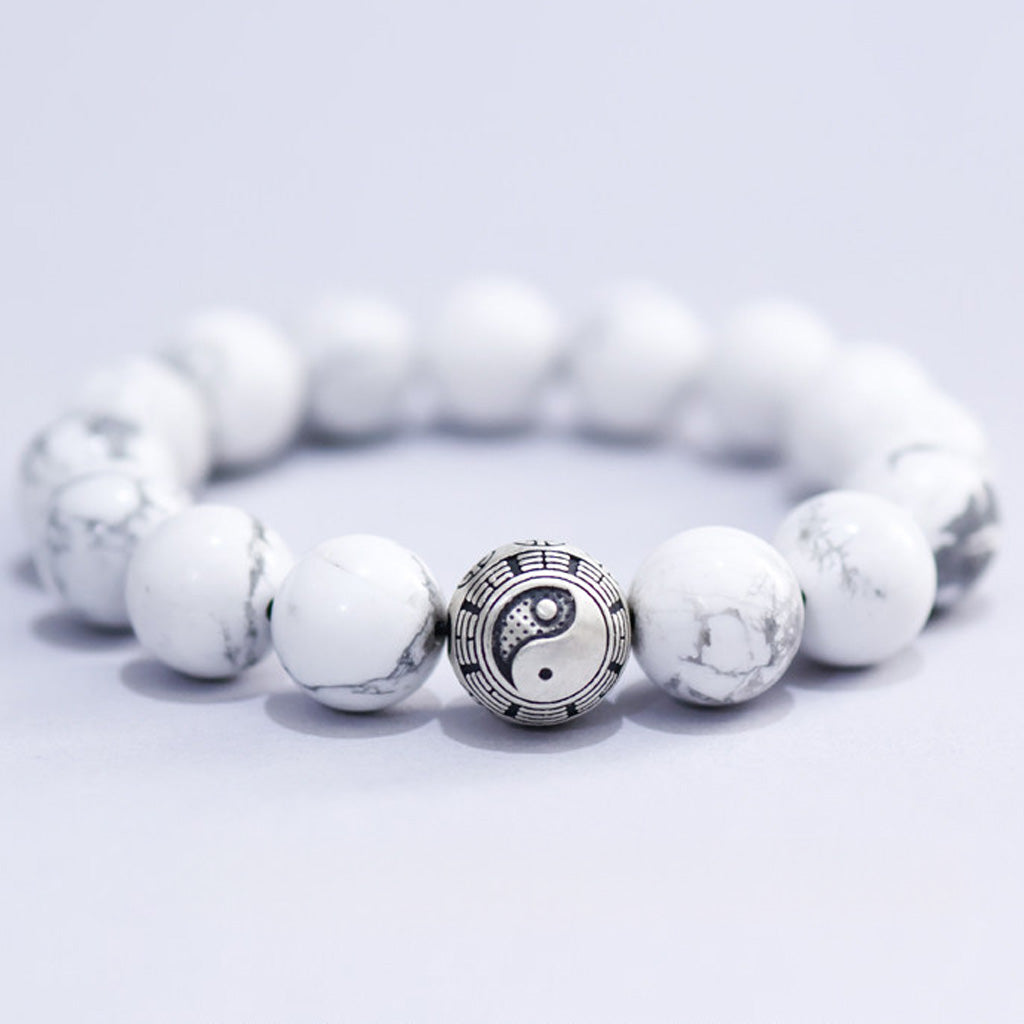 White Turquoise & Map Stone Beaded Bracelet – Yin-Yang Metal Accent, 999 Silver Ba Gua Bead | Zen Ara Grove