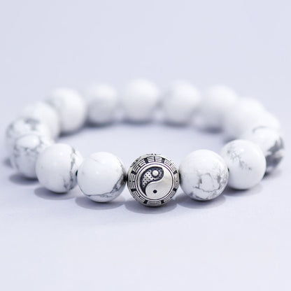 White Turquoise & Map Stone Beaded Bracelet – Yin-Yang Metal Accent, 999 Silver Ba Gua Bead | Zen Ara Grove