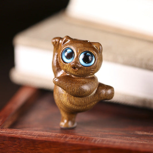 Mini Green Sandalwood Dancing Cat Engraved Positive Desk Decorations | Zen Ara Grove