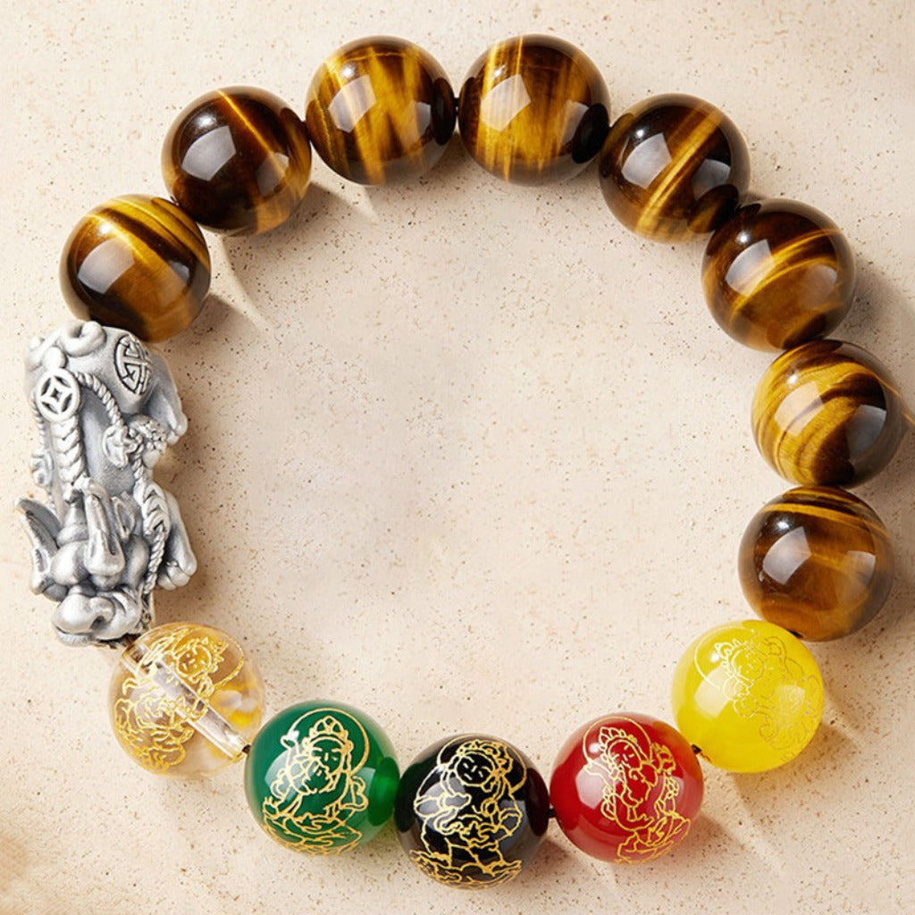 Lucky Wealth Bracelet – Natural Tiger Eye & Agate with Silver Pixiu | Zen Ara Grove