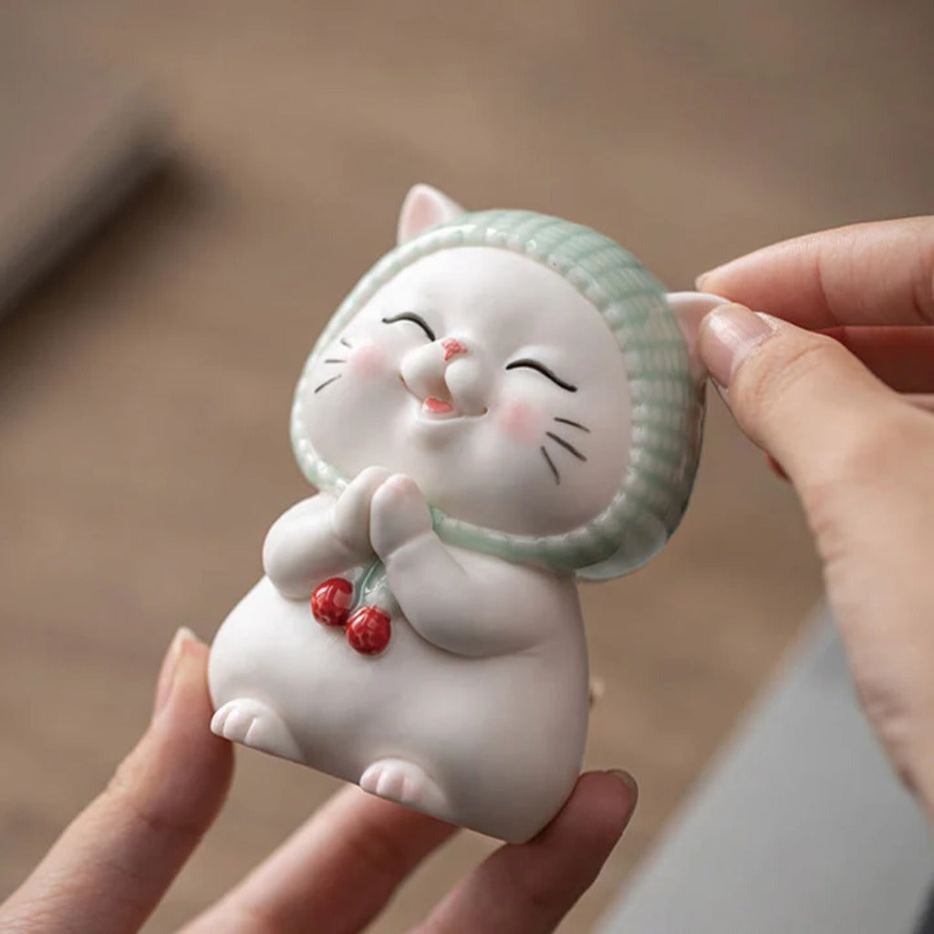 Lucky Cute Cat In Scarf Ceramic Figurine Decoration  | Zen Ara Grove