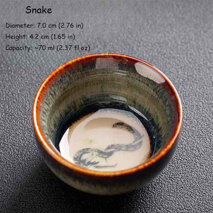 Handcrafted Kiln‑Change Ceramic Teacup with Zodiac Animal Motifs for Good Fortune | Zen Ara Grove