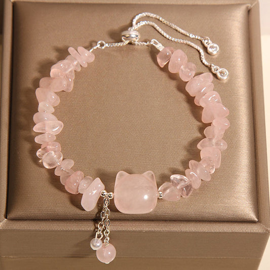 Natural Pink Crystal Agate Gravel Stone Cat Head Soothing Bracelet | Zen Ara Grove