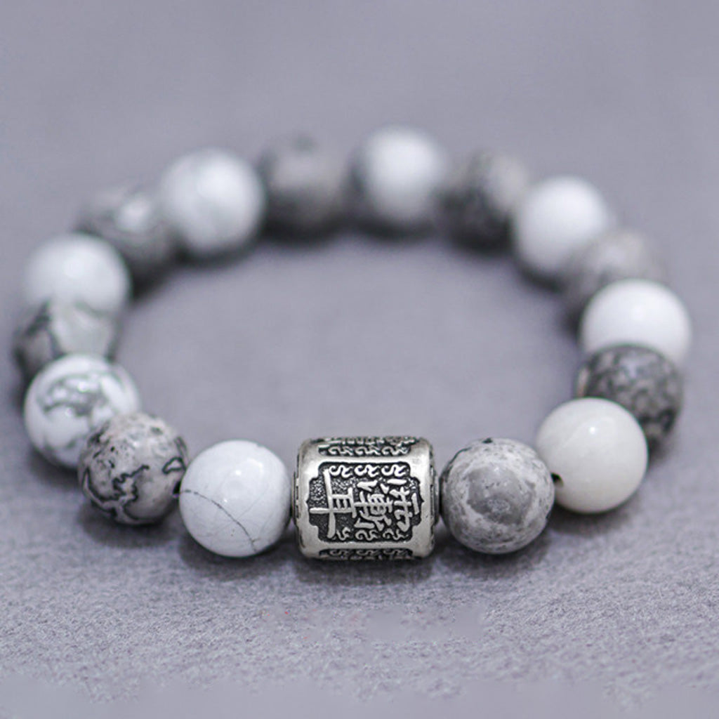 White Turquoise & Map Stone Bracelet with Taoist "Rain Gradual Ear"Beads – Symbol of Protection, Purification & Inner Harmony | Zen Ara Grove