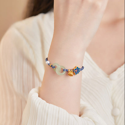 Adjustable Double Hetian Jade Peace Buckle Bracelet with Lotus Charm — Harmony & Protection