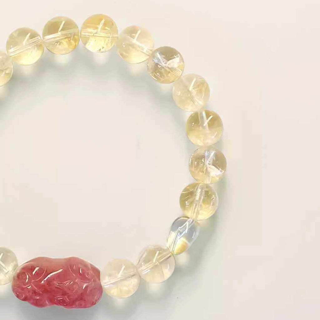 Hand‑Carved Strawberry Quartz Pixiu with Citrine Beads — Meaning of Wealth & Positive Flow | Zen Ara Grove