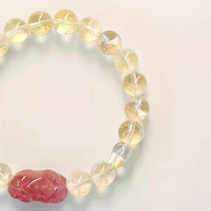 Hand‑Carved Strawberry Quartz Pixiu with Citrine Beads — Meaning of Wealth & Positive Flow | Zen Ara Grove