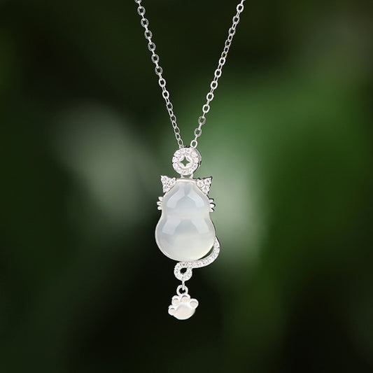 925 Sterling Silver 14k Gold White Jade Gourd Cat Protection Necklace Pendant | Zen Ara Grove