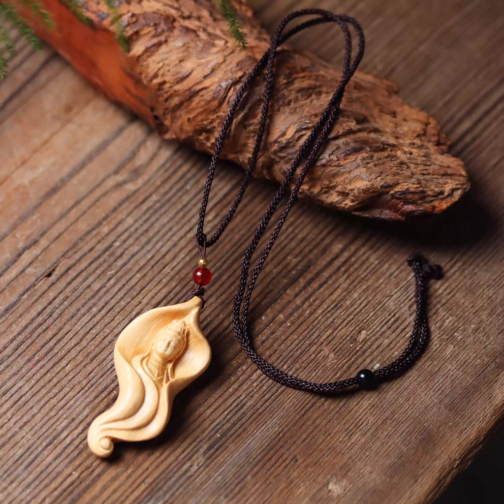 Handcrafted Boxwood Pendant – Lotus Leaf with Carved Bodhisattva Brings Serenity and Harmony | Zen Ara Grove
