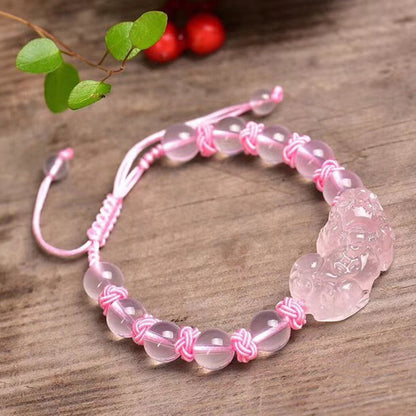 Hand‑Carved Rose Quartz Coin Pixiu Adjustable Bracelet — Meaning of Prosperity & Harmony | Zen Ara Grove