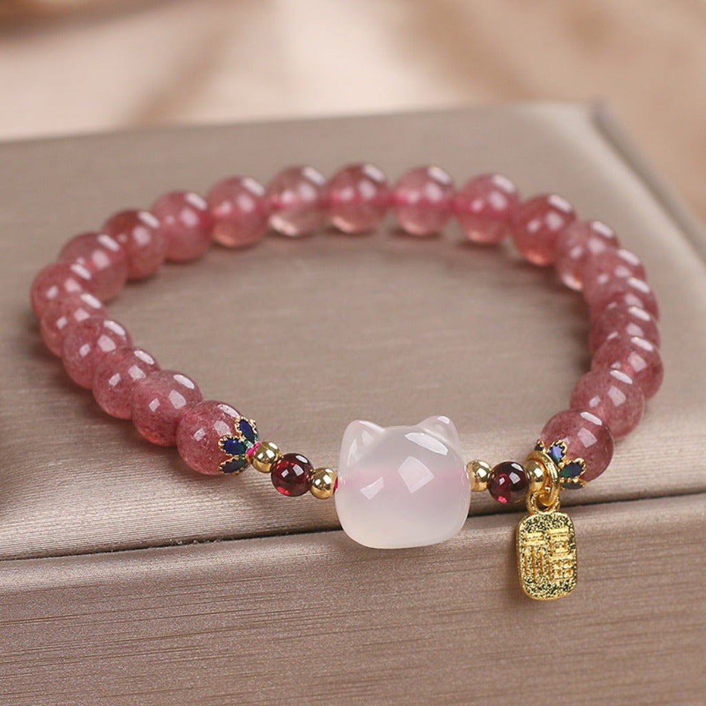 Strawberry Quartz Cat Head Bracelet – Luck & Charm | Zen Ara Grove