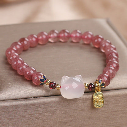 Strawberry Quartz Cat Head Bracelet – Luck & Charm | Zen Ara Grove