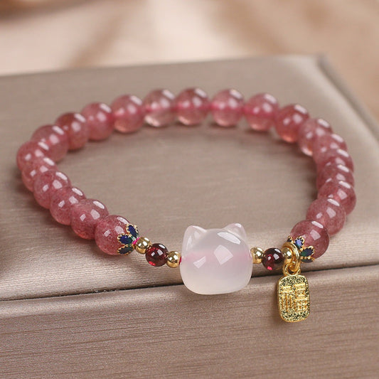 Strawberry Quartz Cat Head Bracelet – Luck & Charm | Zen Ara Grove
