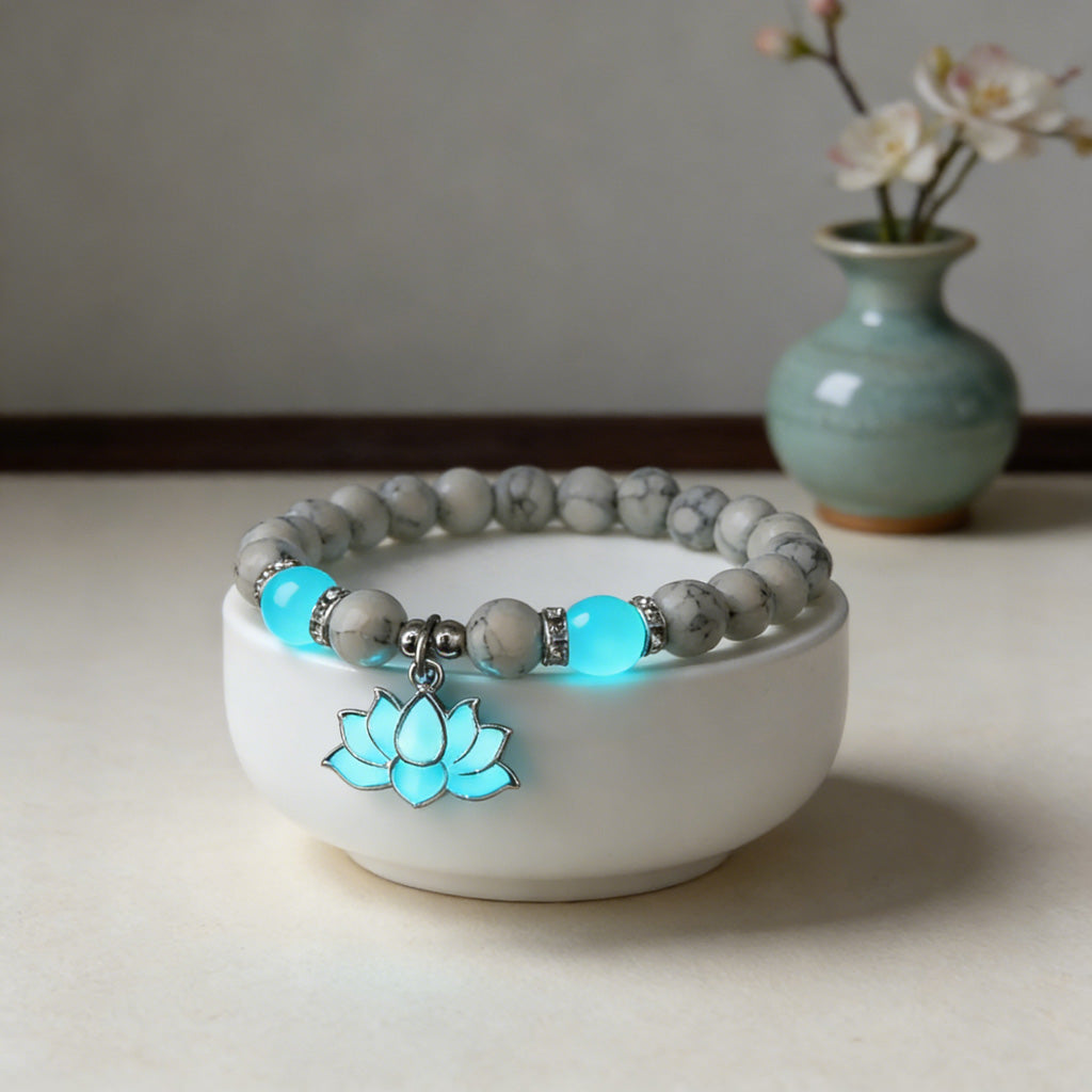 Glow-in-the-Dark Turquoise Lotus Bracelet – Zen Night Calm | Zen Ara Grove