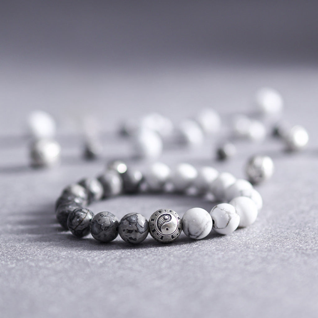 White Turquoise & Map Stone Beaded Bracelet – Yin-Yang Metal Accent, 999 Silver Ba Gua Bead | Zen Ara Grove