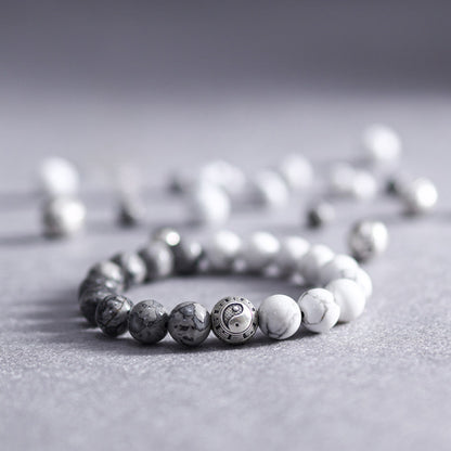 White Turquoise & Map Stone Beaded Bracelet – Yin-Yang Metal Accent, 999 Silver Ba Gua Bead | Zen Ara Grove