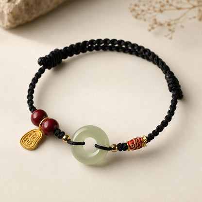 Natural Hetian Jade Peace Buckle Bracelet with Cinnabar and Koi Detail — Protection & Prosperity