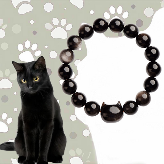 Black Cat Obsidian Bracelet – Silver Sheen Beads with Cute Feline Charm | Zen Ara Grove