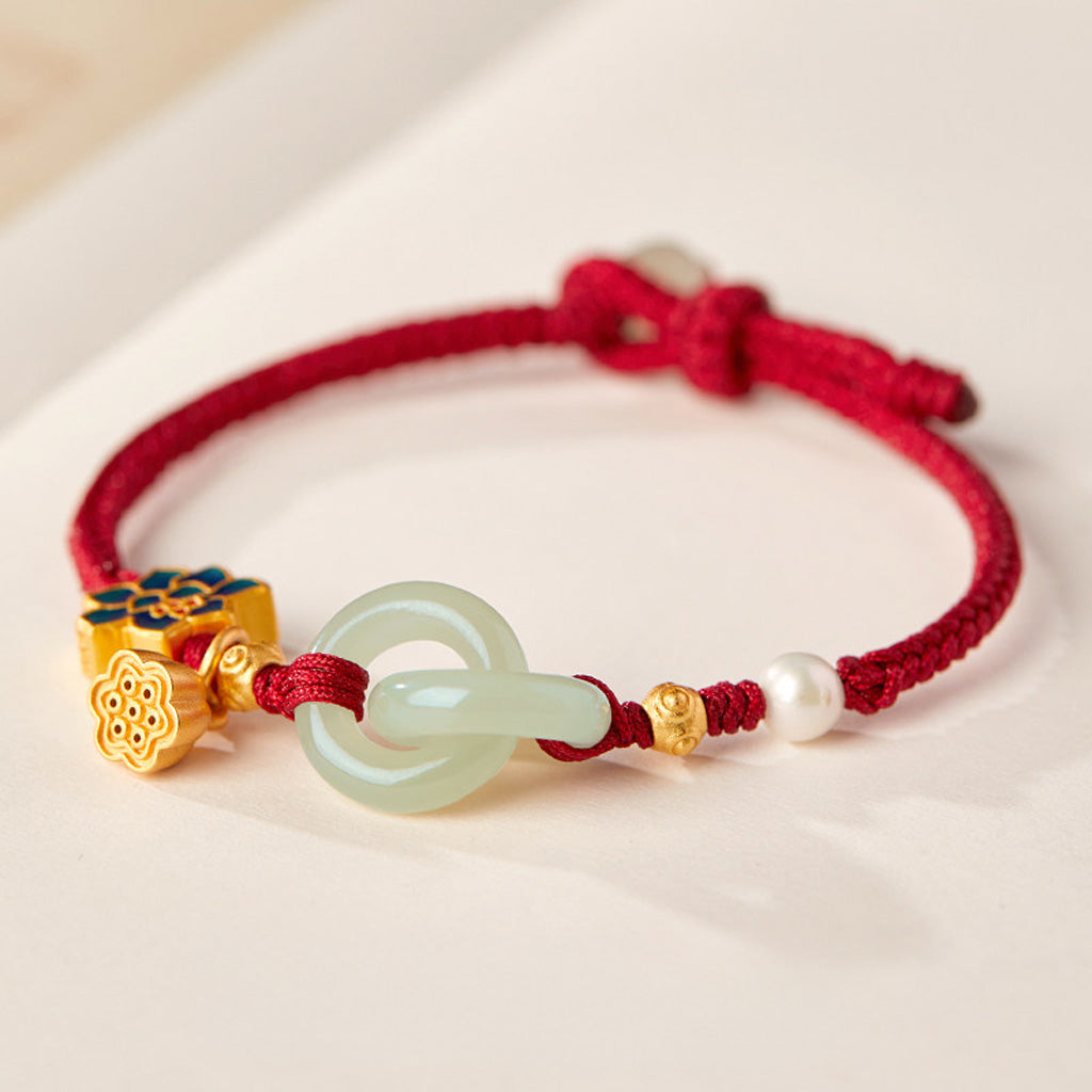 Adjustable Double Hetian Jade Peace Buckle Bracelet with Lotus Charm — Harmony & Protection