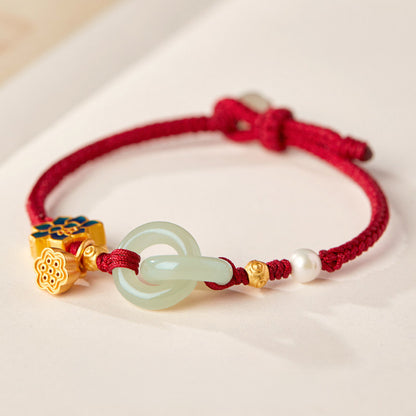 Adjustable Double Hetian Jade Peace Buckle Bracelet with Lotus Charm — Harmony & Protection