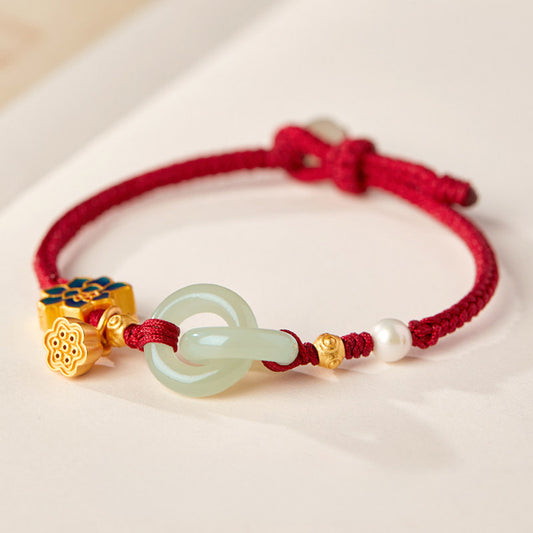 Adjustable Double Hetian Jade Peace Buckle Bracelet with Lotus Charm — Harmony & Protection