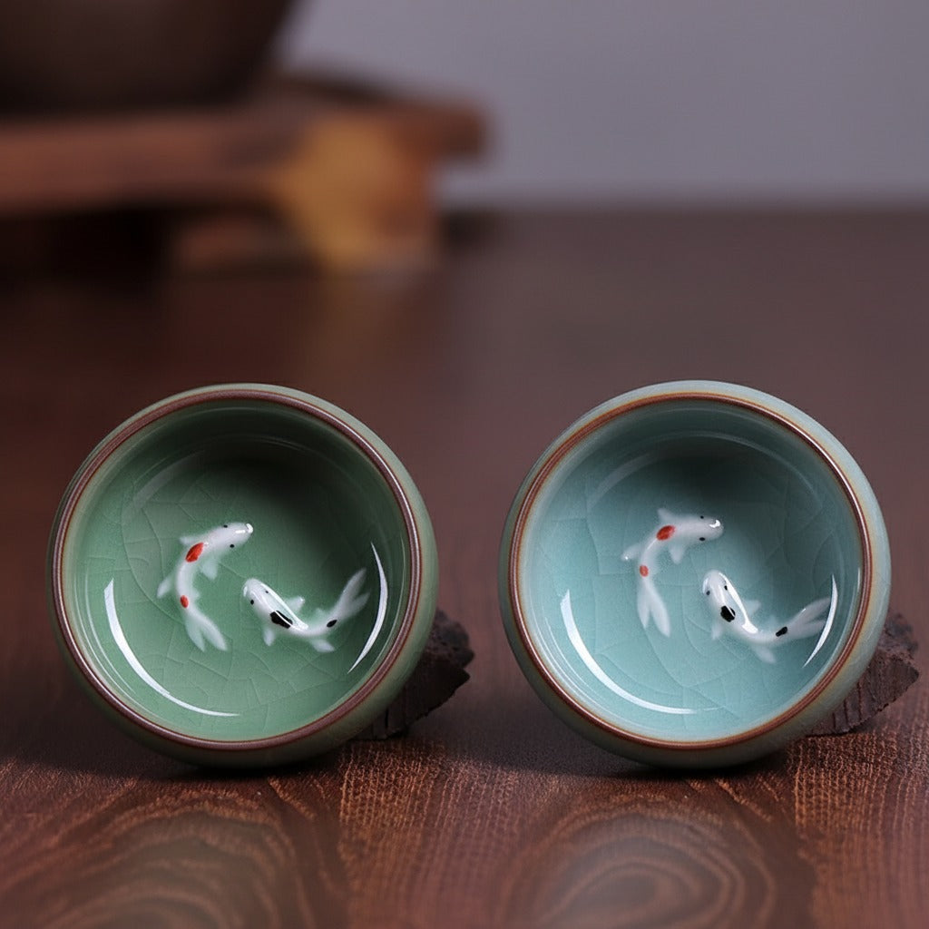 Twin Koi Celadon Crackle Teacup