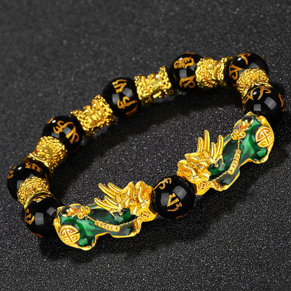 Thermo‑Color Changing Pixiu Obsidian Mantra Bracelet – Symbol of Protection and Fortune | Zen Ara Grove