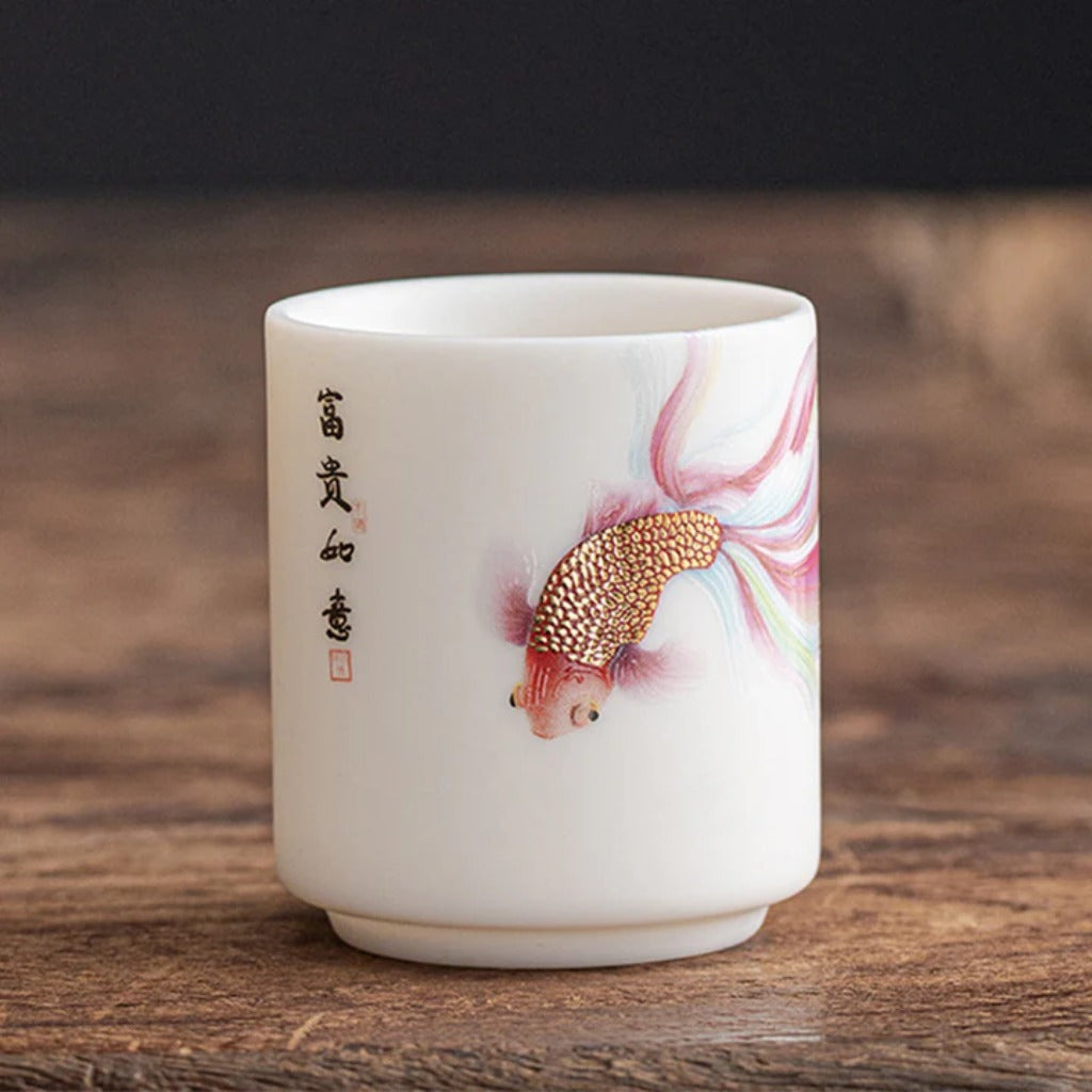 Milky White Ceramic Mug with Koi Motif – Elegant Glaze for Hot and Cold Drinks | Zen Ara Grove