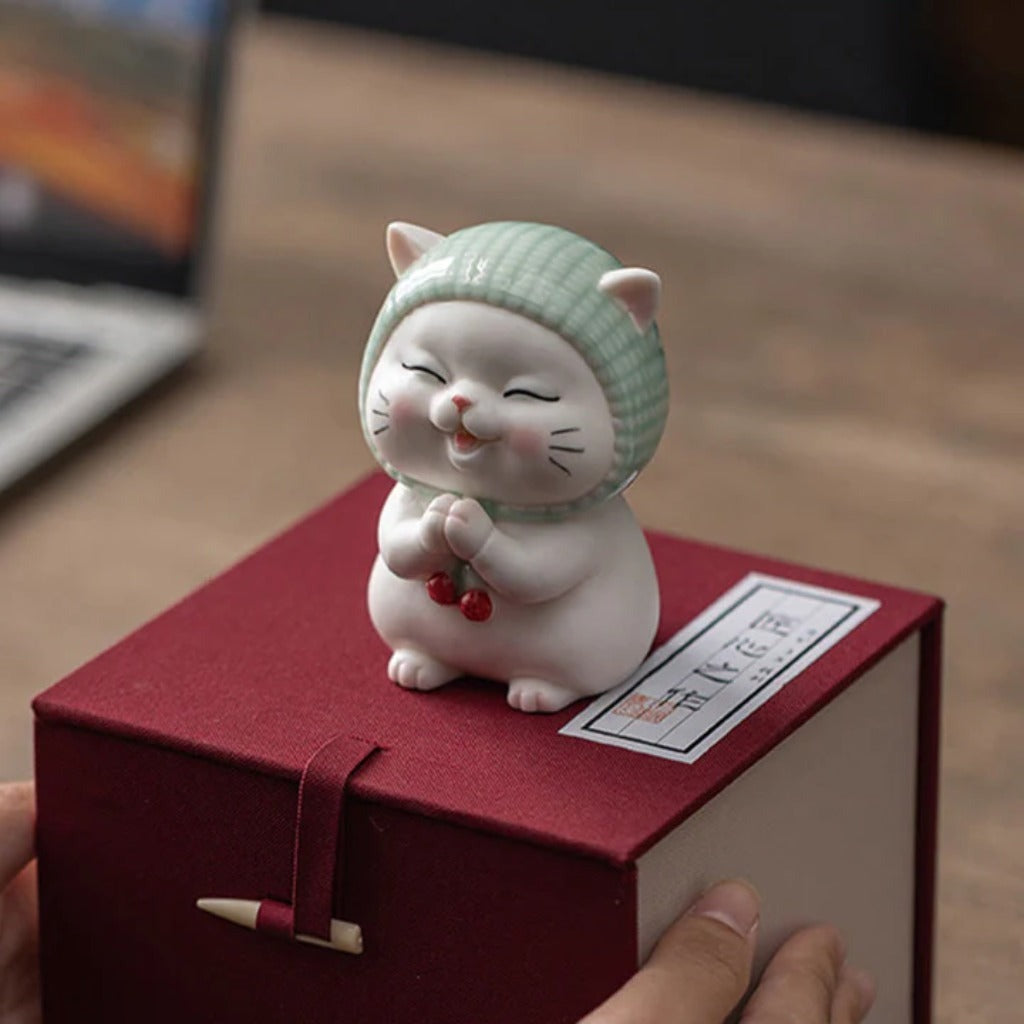 Lucky Cute Cat In Scarf Ceramic Figurine Decoration  | Zen Ara Grove