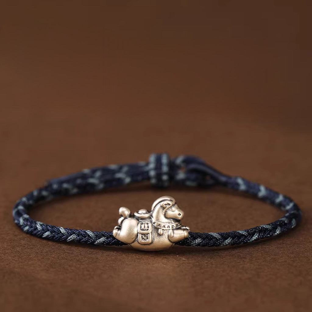 Sterling Silver Horse Charm Bracelet – Adjustable Braided Cord for Good Fortune | Zen Ara Grove