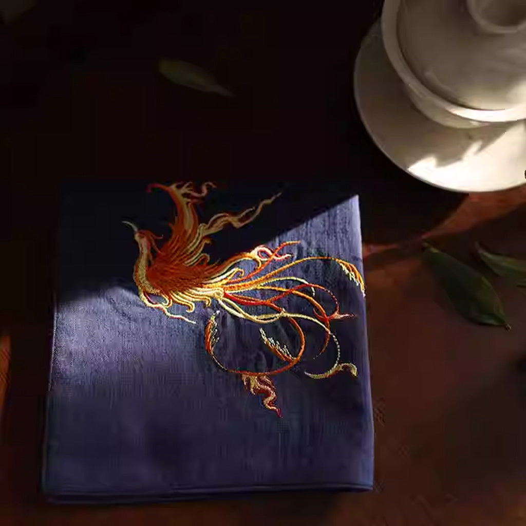 Double‑Layer Cotton Handkerchief – Hand‑Embroidered Phoenix Symbolizing Grace and Renewal | Zen Ara Grove