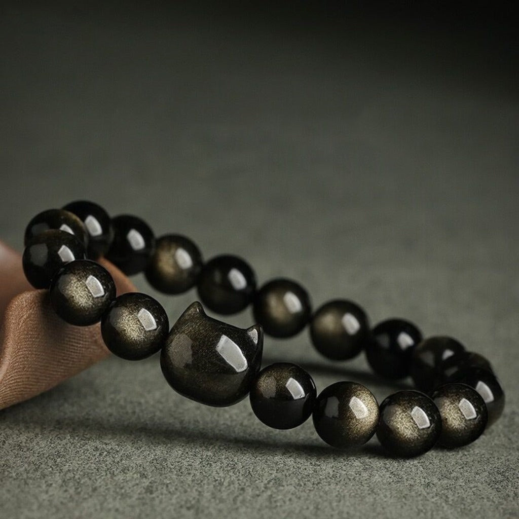 Black Obsidian and Sheen Beads Bracelet Featuring Adorable Cat Head Charm | Zen Ara Grove