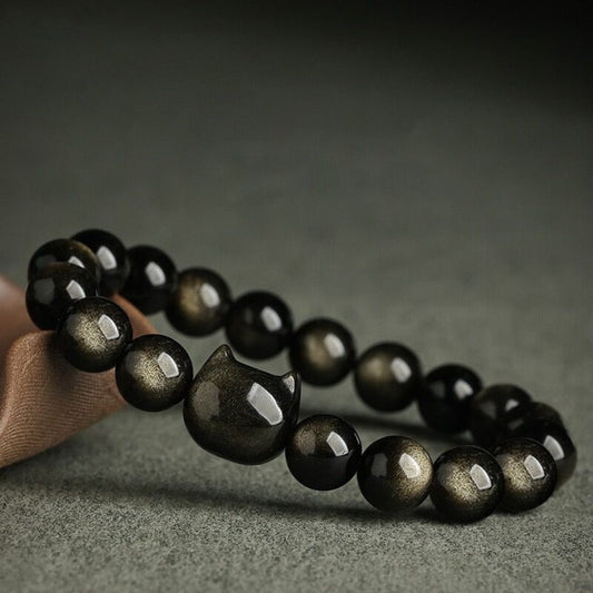 Black Obsidian and Sheen Beads Bracelet Featuring Adorable Cat Head Charm | Zen Ara Grove