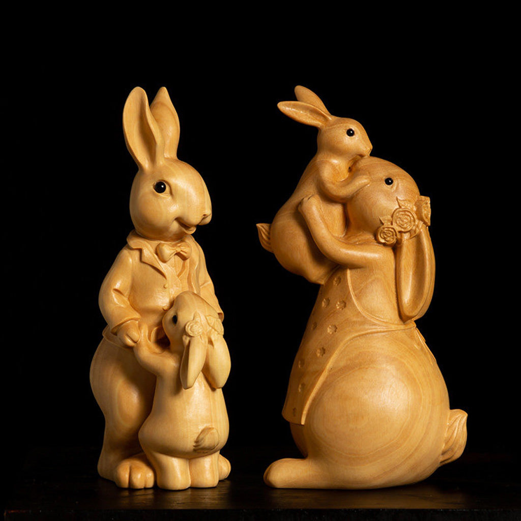 Boxwood Family Bunny Wood Sculpture – Symbol of Love & Blessing | Zen Ara Grove