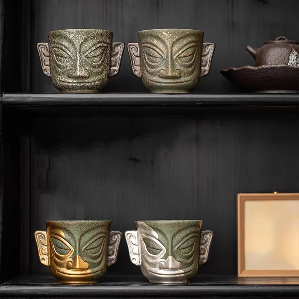 Sanxingdui Gold Mask Ceramic Teacup – Inspired Heritage Drinkware | Zen Ara Grove