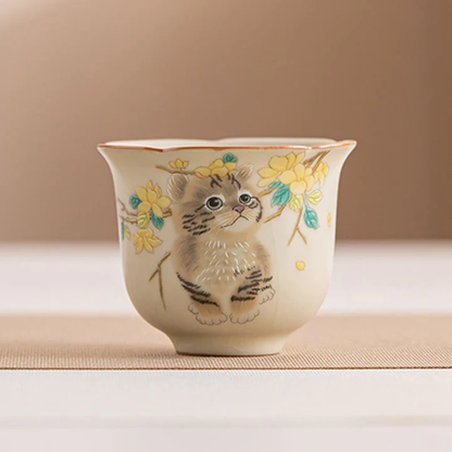 Cute Cat Yellow Flowers Rabbit Teacup Kung Fu Tea Cup  | Zen Ara Grove
