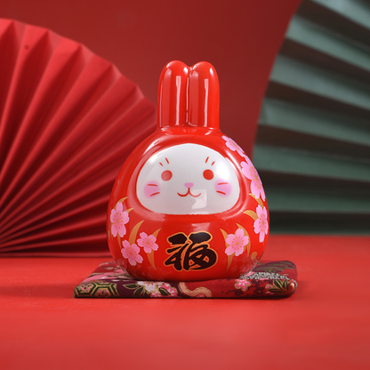 Lucky Rabbit Ceramic Figurine – Red Charm for Good Fortune | Zen Ara Grove