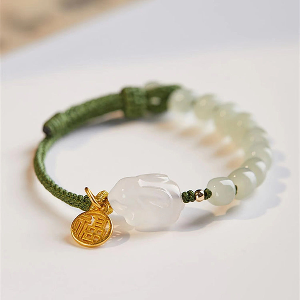 Hetian Jade Zodiac Rabbit Handwoven Cord Bracelet – Protection & Blessing | Zen Ara Grove