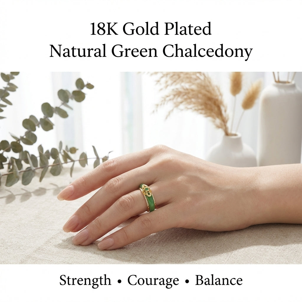 LIMITED TIME OFFER · Natural Green Chalcedony Ring with 18K Gold Plated Filigree Craftsmanship | Zen Ara Grove