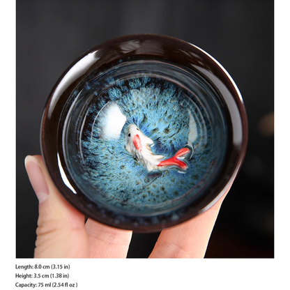 Artisan Porcelain Tea Cup – Unique Kiln-Varied Colors with Koi Design | Zen Ara Grove