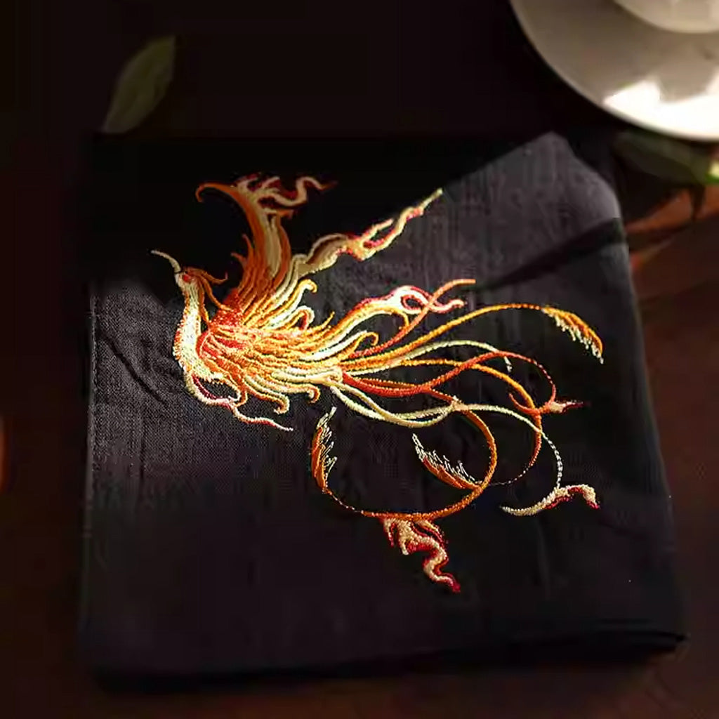 Double‑Layer Cotton Handkerchief – Hand‑Embroidered Phoenix Symbolizing Grace and Renewal | Zen Ara Grove