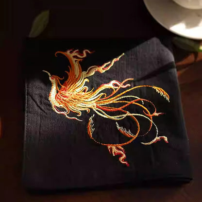 Double‑Layer Cotton Handkerchief – Hand‑Embroidered Phoenix Symbolizing Grace and Renewal | Zen Ara Grove