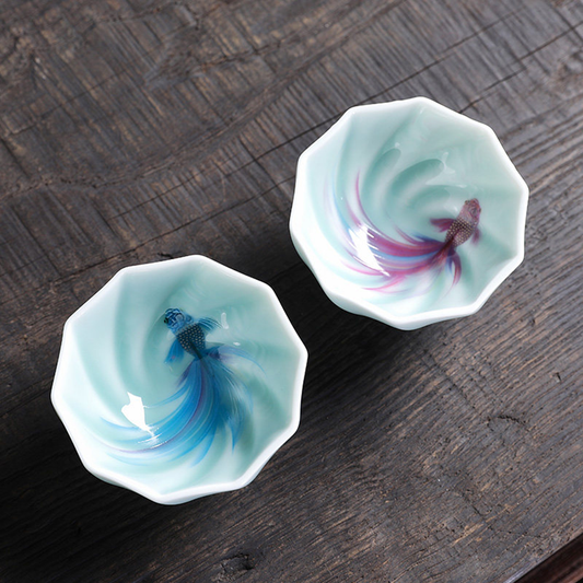 Celadon Porcelain Koi Fish Teacup – Artistic Green Glaze Tea Bowl | Zen Ara Grove